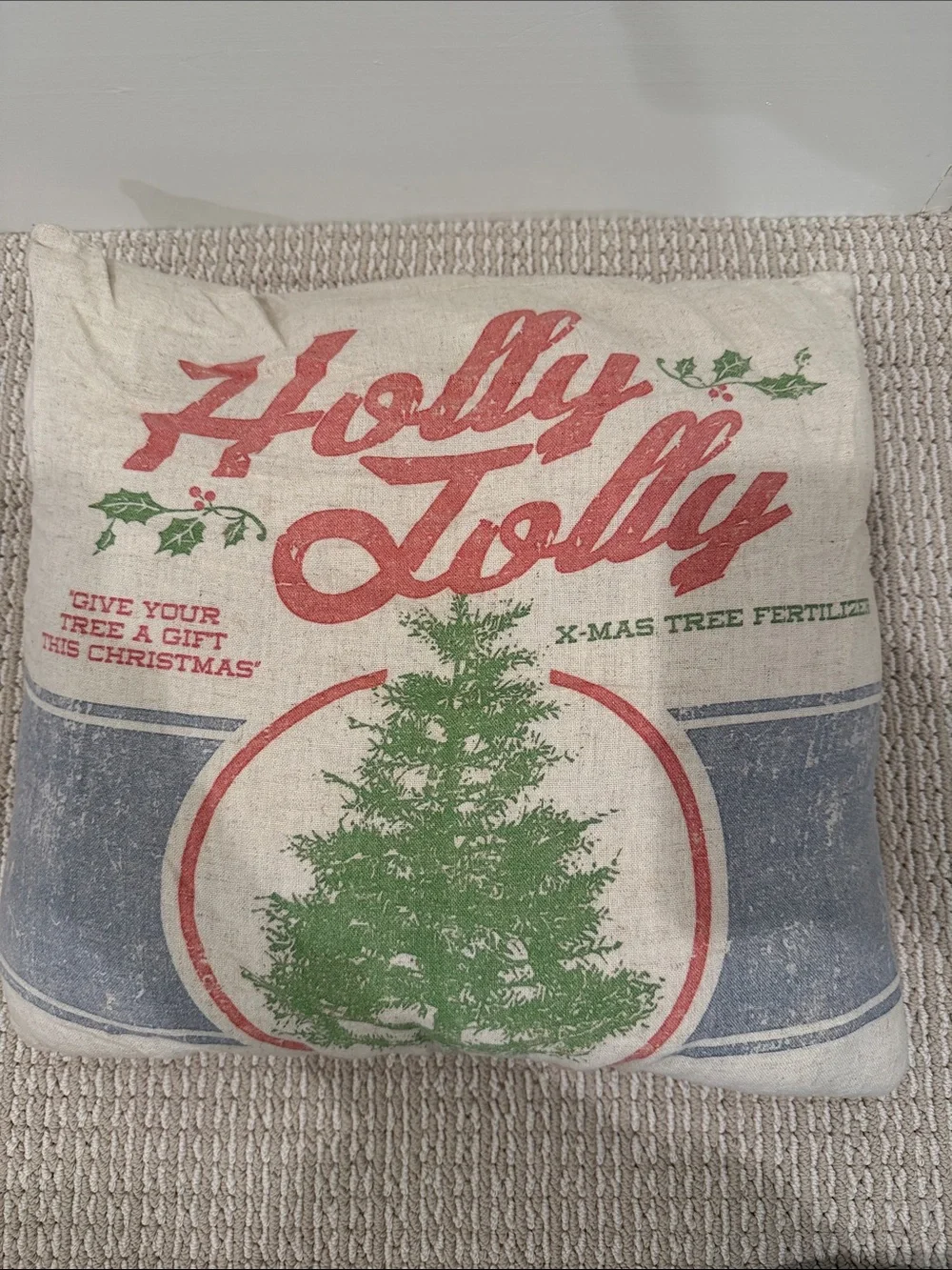 Holly Jolly Holiday Decorative Pillow - Cream with Red & Green